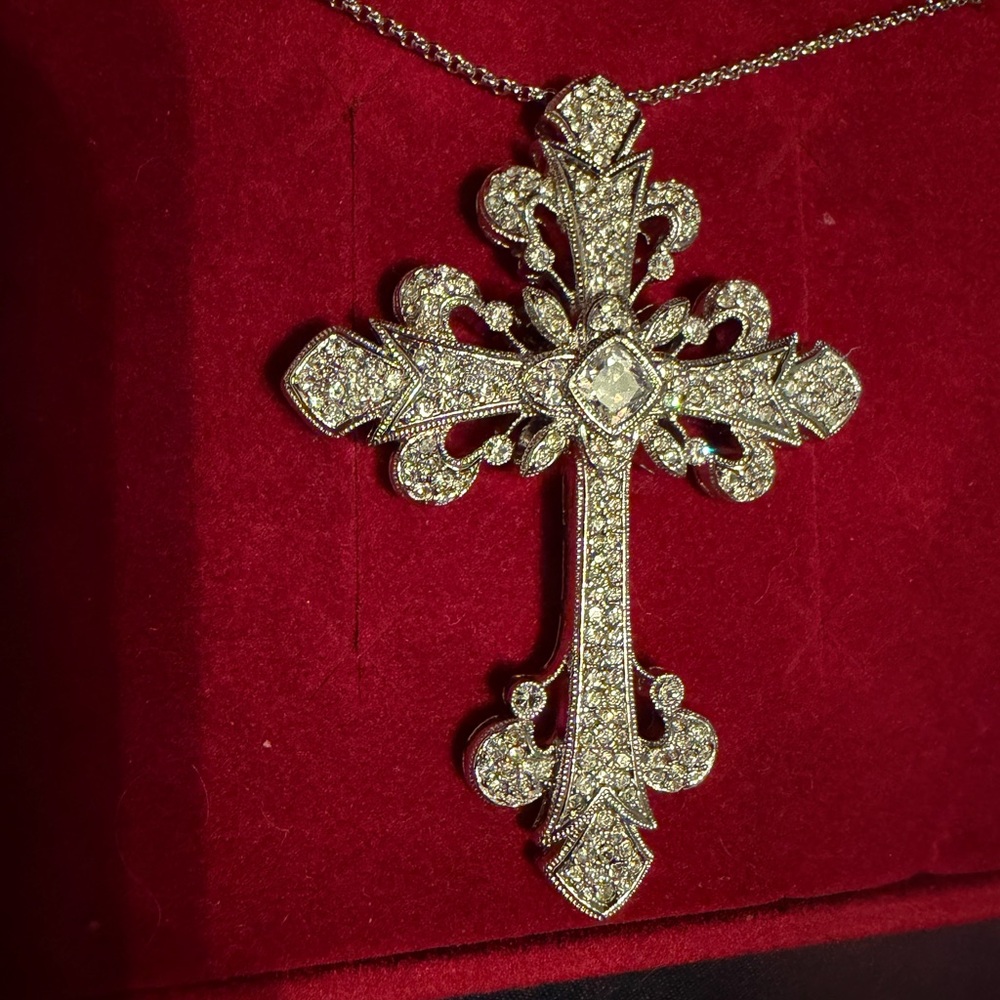 Silver Crystal Fleur Cross Pendant Necklace